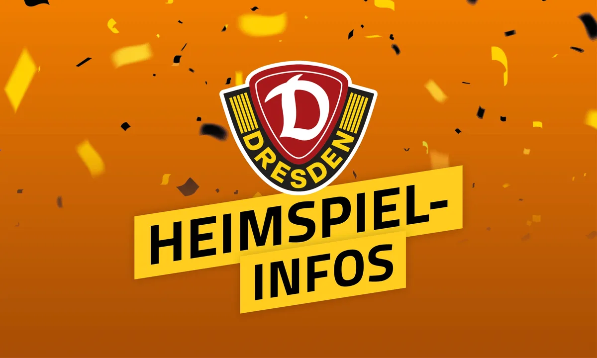 Auf dem Bild ist das Logo von Dynamo Dresden mit Konfetti-Regen zu sehen. In einem Textbalken steht Heimspiel-Infos.