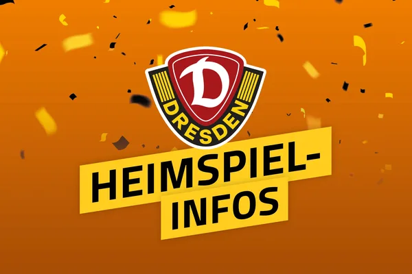 Auf dem Bild ist das Logo von Dynamo Dresden mit Konfetti-Regen zu sehen. In einem Textbalken steht Heimspiel-Infos.