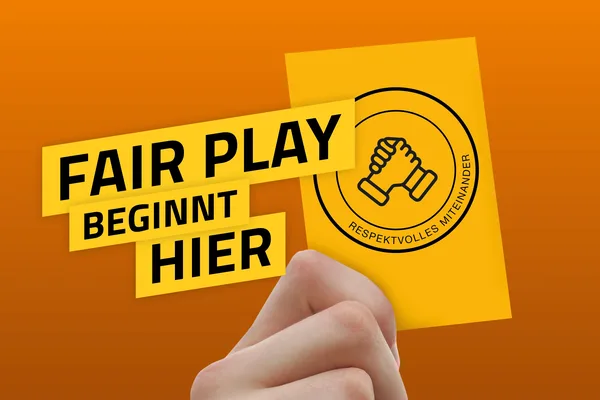 Auf dem Bild ist ein Textbalken mit "Fair Play beginnt hier" zu sehen. Außerdem eine gelbe Karte, auf der ein Handschlag-Symbol abgebildet ist.