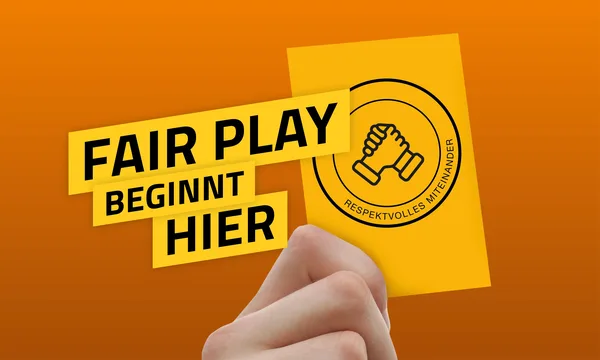 Auf dem Bild ist ein Textbalken mit "Fair Play beginnt hier" zu sehen. Außerdem eine gelbe Karte, auf der ein Handschlag-Symbol abgebildet ist.