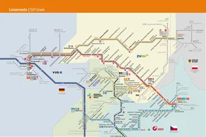 Die Grafik zeigt das Streckennetz des trilex. Die Linien sind untergliedert in die Linien RE1|RB60 sowie RE2|RB 61 als auch L7. Die Linie RE1|RB60 führt von Dresden über Bischofswerda und Bautzen nach Görlitz und Zgorzelec. Die Linie RE2|RB 61 verläuft von Dresden über Bischofswerda und Zittau nach Liberec. Die Linie L7 von Varnsdorf über Zittau nach Liberec.