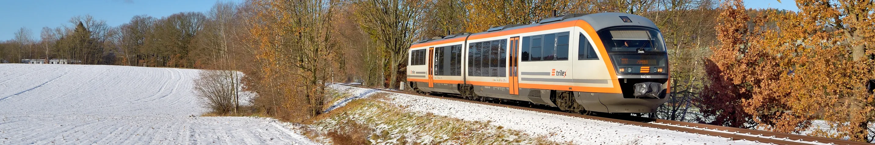 Ein trilex Zug fährt an einem klaren Wintertag durch eine verschneite Landschaft. Die Strecke verläuft zwischen schneebedeckten Feldern und Bäumen mit braunem Herbstlaub