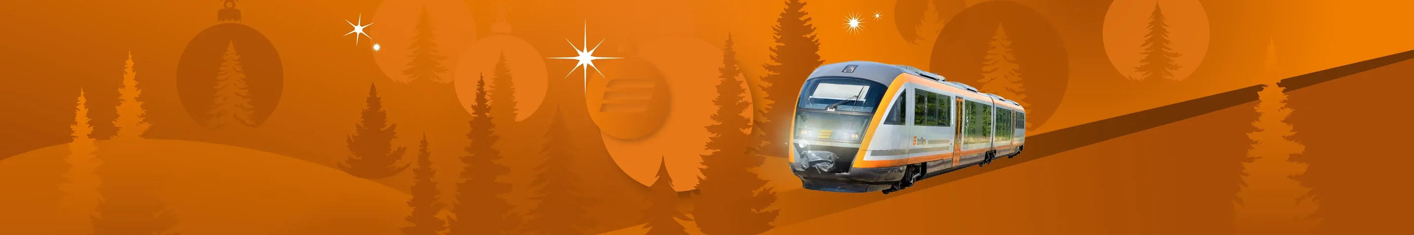 trilex-Zug fährt durch eine grafisch dargestellte, winterliche Landschaft mit Tannenbäumen und Weihnachtsdekoration.