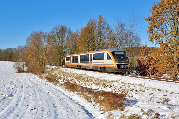 Ein trilex Zug fährt an einem klaren Wintertag durch eine verschneite Landschaft. Die Strecke verläuft zwischen schneebedeckten Feldern und Bäumen mit braunem Herbstlaub