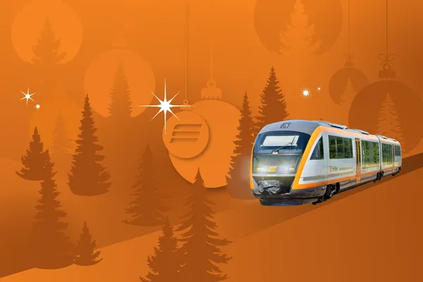 trilex-Zug fährt durch eine grafisch dargestellte, winterliche Landschaft mit Tannenbäumen und Weihnachtsdekoration.