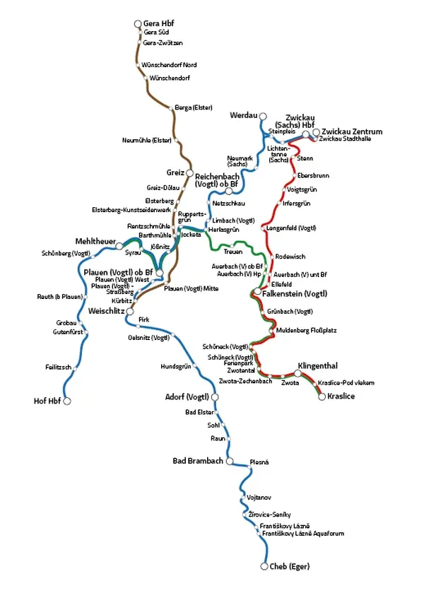 Die Grafik zeigt das Streckennetz der vogtlandbahn-Züge. Die Linien sind untergliedert in die Linien RB 1, RB 2, RB 4 und RB 5. Die Linie RB 1 führt von Zwickau über Falkenstein nach Kraslice, Die Linie RB 2 führt von Zwickau über Werdau, Reichenbach, Plauen, Adorf und Bad Brambach nach Cheb und einmal morgens und abends nach Hof. Die Linie RB 4 führt von Gera über Greiz und Plauen nach Weischlitz. Die Linie RB 5 führt von Mehltheuer über Plauen und Treuen nach Falkenstein und Kraslice.