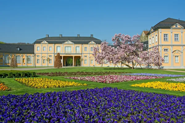 Das Bild zeigt die Orangerie in Gera mit einem Meer an Blüten.