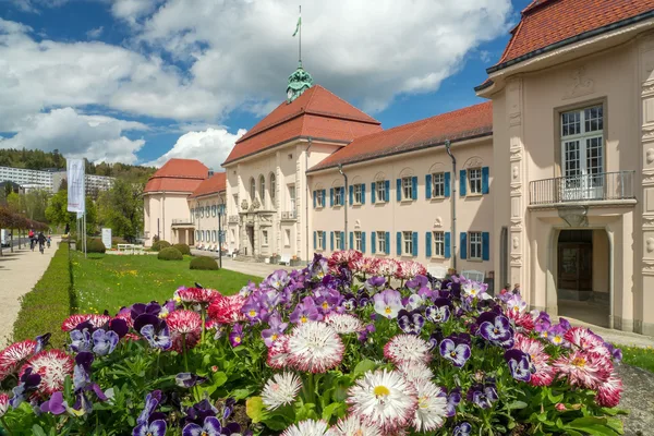 Das Bild zeigt das Albertbad in Bad Elster, Deutschland, mit klassischer Architektur, hellen Wänden und roten Ziegeldächern. Im Vordergrund befindet sich ein lebhaftes Blumenbeet mit bunten Blumen wie violetten Stiefmütterchen und weiß-rosa Gänseblümchen. Der Himmel ist teilweise bewölkt und trägt zur malerischen Schönheit des Ortes bei.