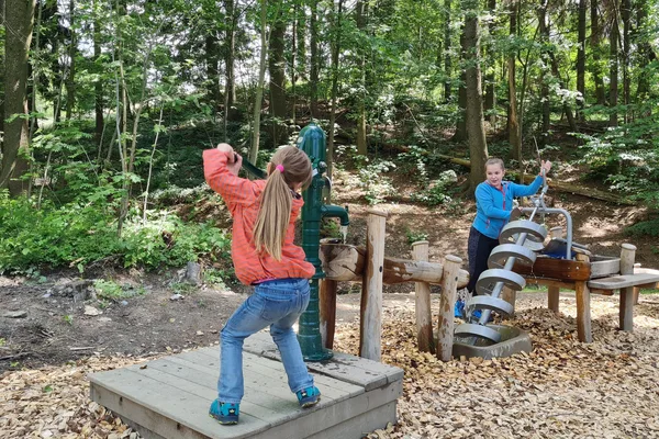 Das Bild zeigt zwei Kinder, die in einem Outdoor-Spielplatzbereich spielen, umgeben von Bäumen und Laub. Ein Kind steht auf einer Holzplattform und bedient eine grüne Handpumpe, während das andere Kind mit einem spiralförmigen Wasserspiel interagiert. Der Boden ist mit Holzspänen bedeckt, und es gibt verschiedene Holzstrukturen und Elemente um sie herum.
