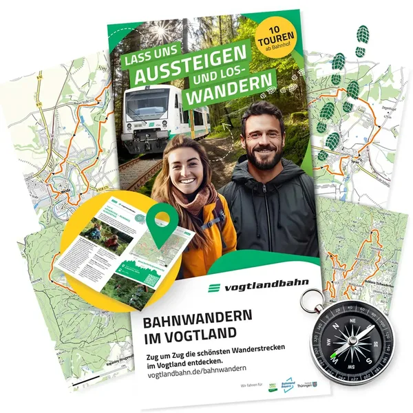 Eine Wanderkarte, die verschiedene Wanderrouten, die mit der vogtlandbahn erreicht werden können, abbildet