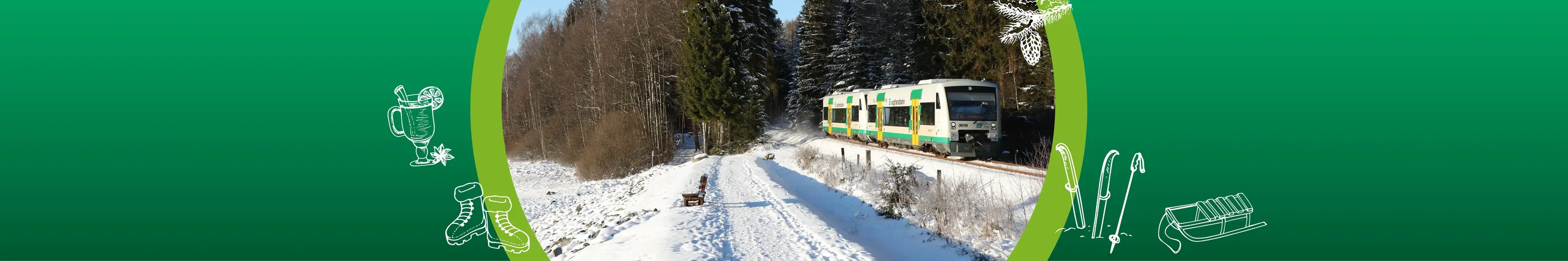 Das Bild zeigt eine Vogtlandbahn in winterlicher Natur.
