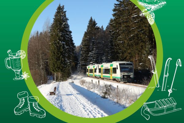 Das Bild zeigt eine Vogtlandbahn in winterlicher Natur.
