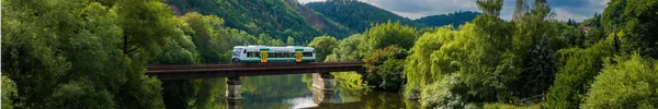 Die Vogtlandbahn auf einer Brücke über die Weiße Elster bei Wünschendorf. Fotograf: Dennis Schmelz