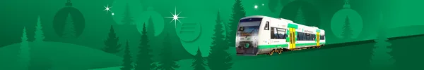 vogtlandbahn-Zug fährt durch eine grafisch dargestellte, winterliche Landschaft mit Tannenbäumen und Weihnachtsdekoration.