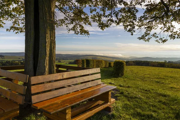 Das Bild zeigt den Ausblick ins Vogtland von einer Sitzbank unter einem Baum.