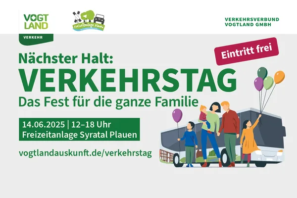 Das Bild zeigt den Hinweis auf die Veranstaltung in der Syratalanlage in Plauen zum Verkehrstag des Verkehrsverbundes Vogtland am 14.06.2025.