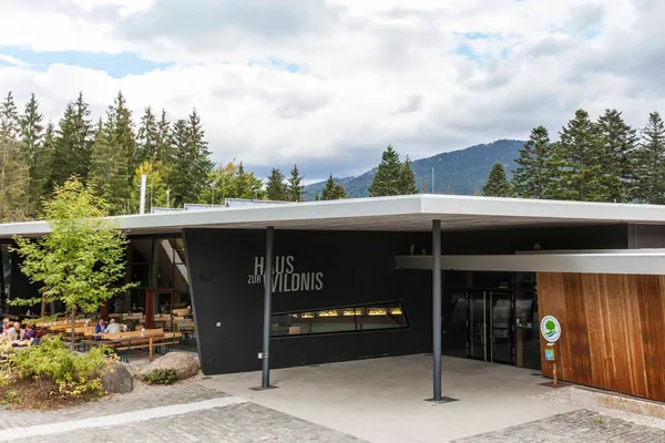 Der Eingangsbereich des Haus zur Wildnis mit großer Überdachung. Im Hintergrund sieht man Bäume und Berge des Bayerischen Walds.