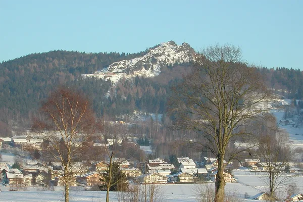 Eine winterliche Landschaft mit verschneiten Häusern und einem Berg mit Nadelwald und verschneitem Gipfel.