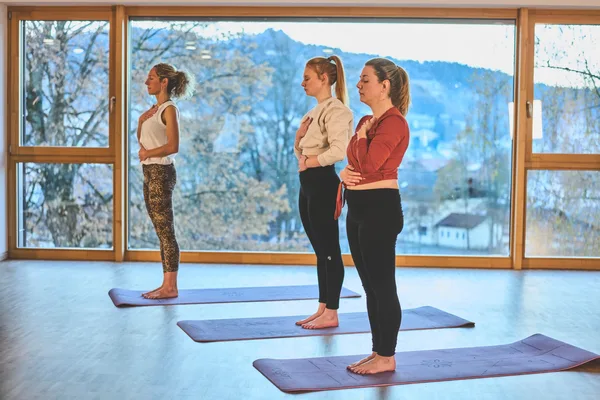 Drei Frauen machen Yoga in einem Raum mit großer Fensterfront mit Aussicht auf den Bayerischen Wald und eine Ortschaft.
