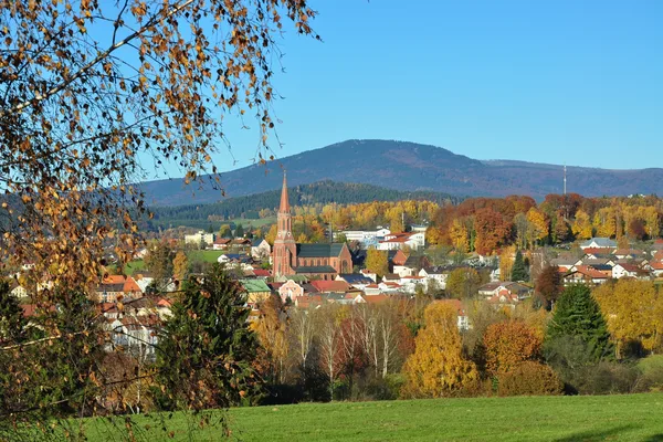 Blick auf eine Ortschaft umgeben von Wald und Bergen.