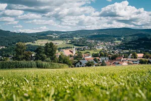 Blick auf eine Ortschaft. Im Hintergrund sind Berge mit Wäldern zu sehen. Im Vordergrund eine Wiese