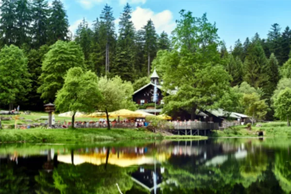 Ein uriger Gasthof mit Biergarten neben einem ruhigen Gewässer umgeben von einzelnen Bäumen und Waldstücken.