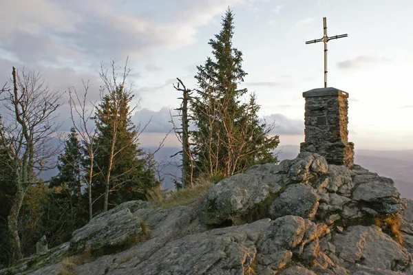 Ein Gipfelkreuz auf einem Felsenhügel, umgeben von einzelnen Nadelbäumen.