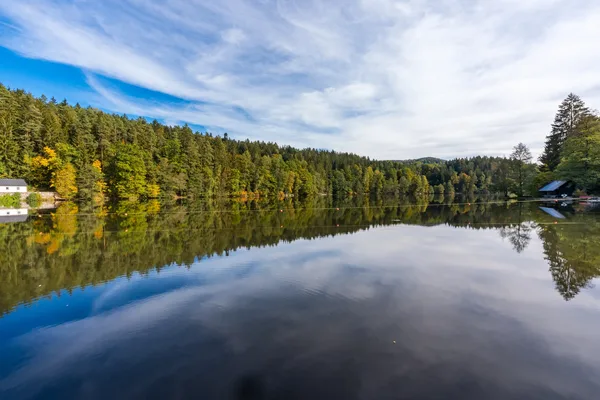 Ein Stausee umgeben von Wald, in dem sich die Bäume und der leicht bewölkte Himmel spiegeln.