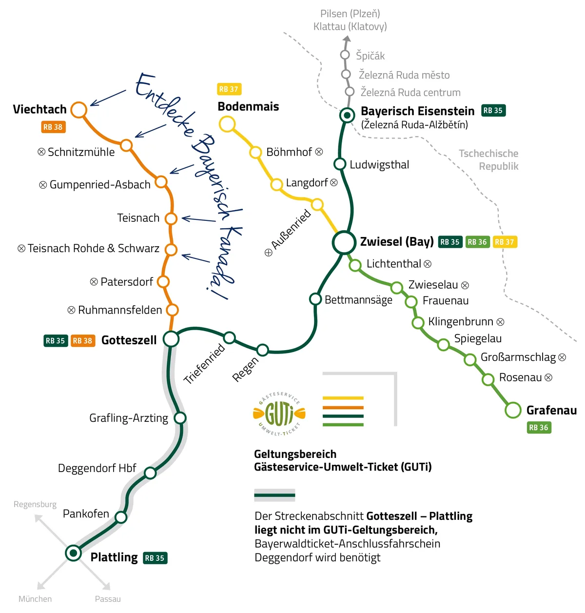 Die waldbahn ist auf vier Linien Ihr Zug im Bayerischen Wald: RB 35 von Plattling über Deggendorf, Gotteszell, Regen und Zwiesel nach Bayerisch Eisenstein, RB 36 von Zwiesel über Frauenau und Spiegelau nach Grafenau, RB 37 von Zwiesel nach Bodenmais und RB 38 von Gotteszell über Teisnach nach Viechtach.