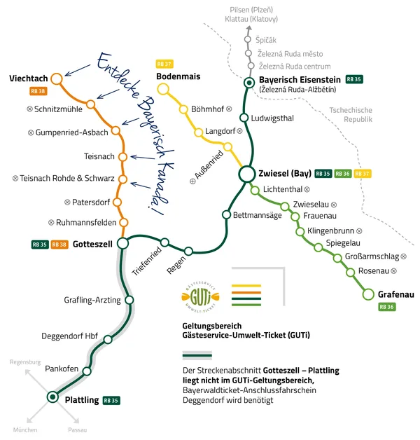 Die waldbahn ist auf vier Linien Ihr Zug im Bayerischen Wald: RB 35 von Plattling über Deggendorf, Gotteszell, Regen und Zwiesel nach Bayerisch Eisenstein, RB 36 von Zwiesel über Frauenau und Spiegelau nach Grafenau, RB 37 von Zwiesel nach Bodenmais und RB 38 von Gotteszell über Teisnach nach Viechtach.