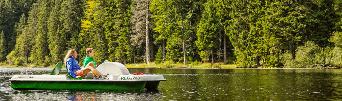 Treetboot fahrendes Paar auf dem Arbersee im Bayerischen Wald.