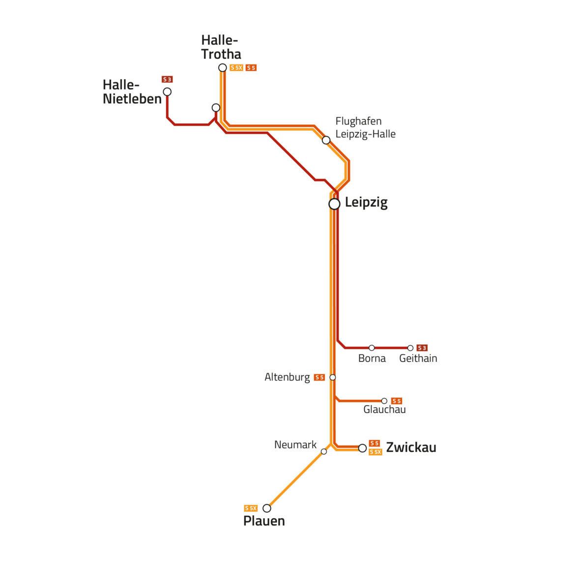 Auf diesem Bild sehen Sie den Linienplan der S-Bahn-Linien S3, S5 und S5x, wie sie ab Dezember 2026 realisiert werden.