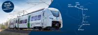 Auf dem Bild ist der Siemens Mireo-Zug der Länderbahn zu sehen außerdem das zukünftige Streckennetz der S-Bahn-Linien S3, S5 und S5X.