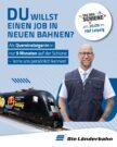Auf dem Bild sehen Sie einen männlichen Triebfahrzeugführer im Vordergrund, im Hintergrund steht eine schwarze Alex-Lok. Das Bild ist überschrieben mit: "Du willst einen Job in neuen Bahnen?".
