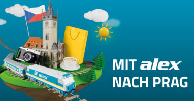 Prag Spezial Kachel Startseite 1252 x 661px Grafik eines Alex Zuges vor der vereinfachten Kulisse von Prag