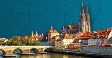 Grafik einer Stadtansicht von Regensburg mit Steinerner Brücke und Dom im Hintergrund.
