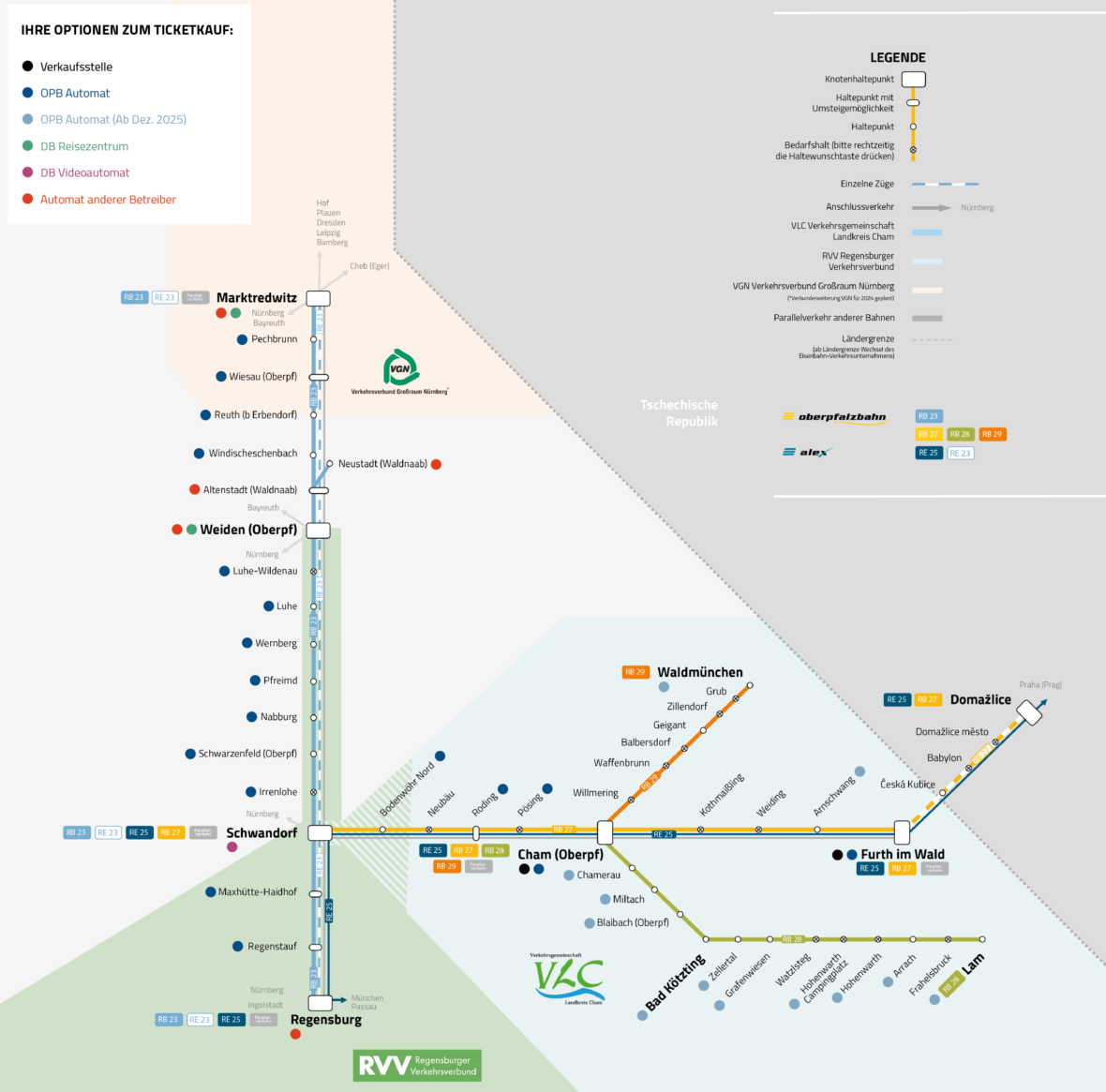 Die Grafik zeigt alle Verkaufsstellen und Fahrkarten-Automaten Standorte im Liniennetz der oberpfalzbahn