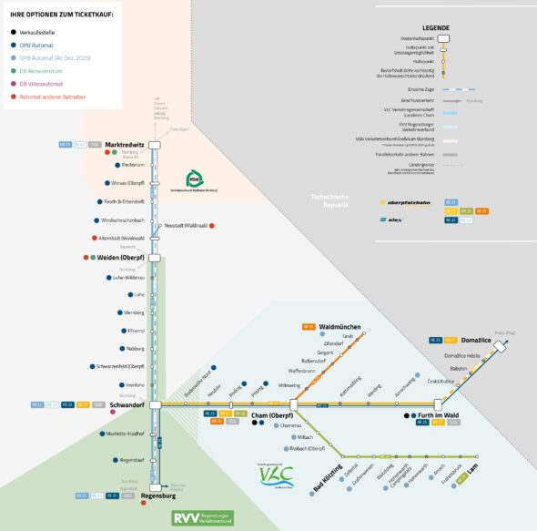 Die Grafik zeigt alle Verkaufsstellen und Fahrkarten-Automaten Standorte im Liniennetz der oberpfalzbahn
