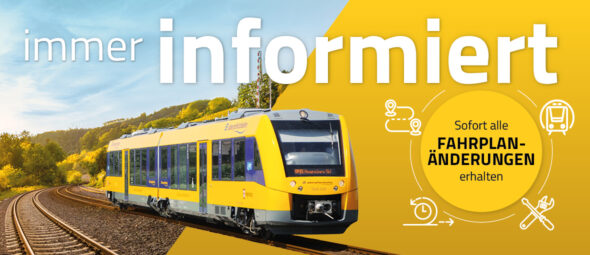 Auf dem Bild sieht man die oberpfalzbahn auf dem Gleis. Rechts davon ist eine Grafik, dass man mit dem Newsletter sofort über alle Fahrplanänderungen informiert wird.