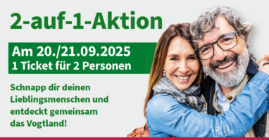 Das Bild beschreibt die Aktion 2 Personen fahren auf 1 Ticket des Verkehrsverbundes Vogtland.