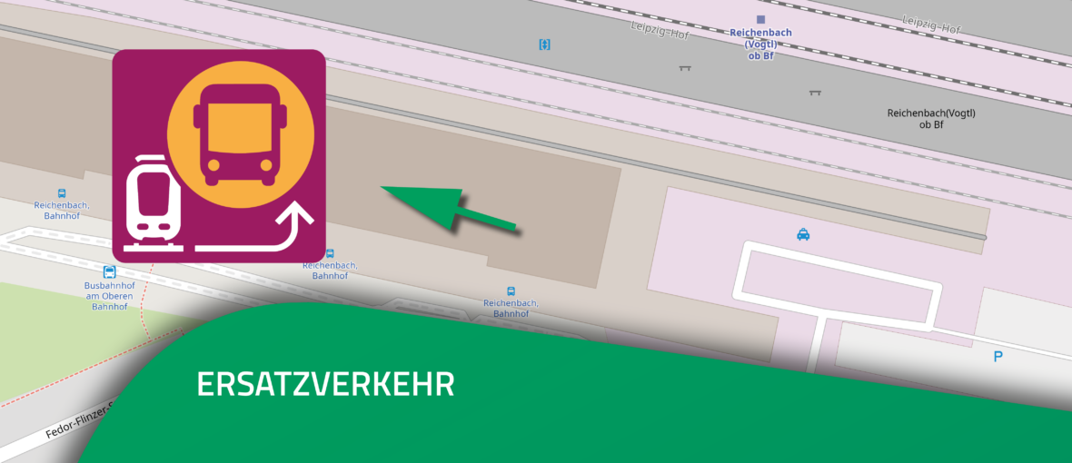 Das Bild zeigt eine Karte mit einem grünen Banner am unteren Rand, das den Text 'ERSATZVERKEHR' enthält. Links ist ein Symbol für Bus und Straßenbahn zu sehen, das auf Ersatzverkehr hinweist. Ein Pfeil zeigt auf einen bestimmten Ort auf der Karte. Die Karte enthält verschiedene Linien und Beschriftungen. Es handelt sich um einen Plan zur Orientierung im Falle eines SEV (Schienenersatzverkehr) mit Bussen.