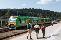 Menschen auf dem Bahnsteig vor der waldbahn